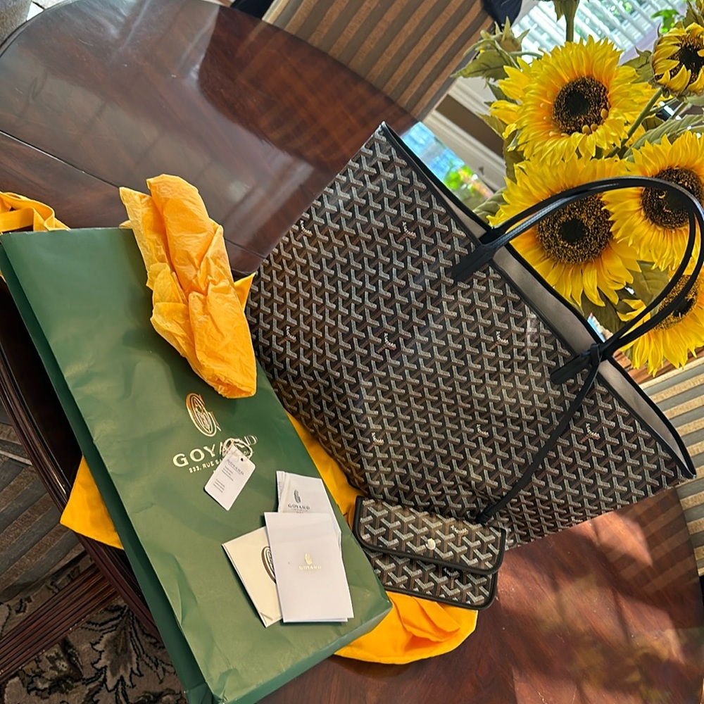 Goyard Brown Black Chevron Goyardine St. Louis Tote with Pouch